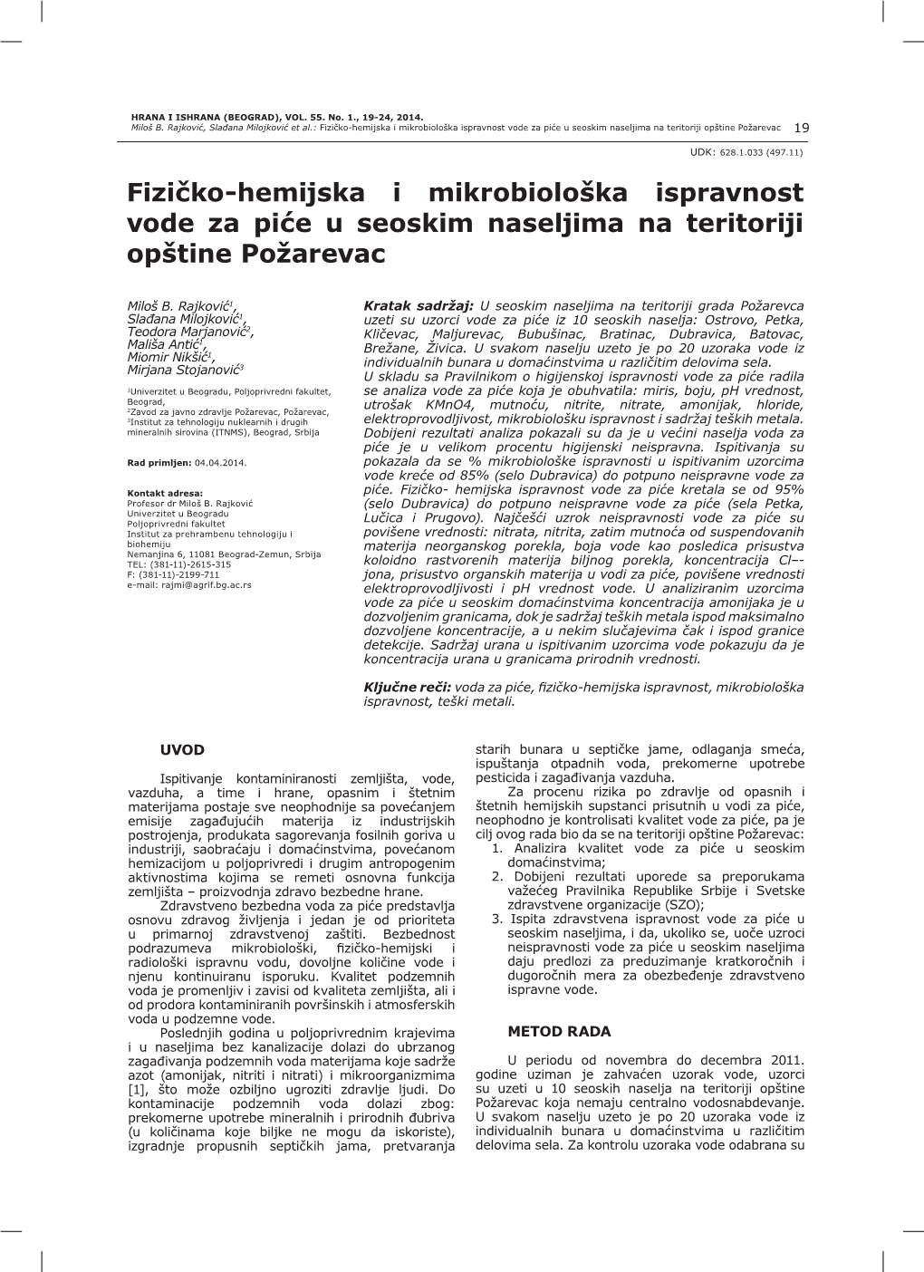 Fizičko-Hemijska I Mikrobiološka Ispravnost Vode Za Piće U Seoskim Naseljima Na Teritoriji Opštine Požarevac 19