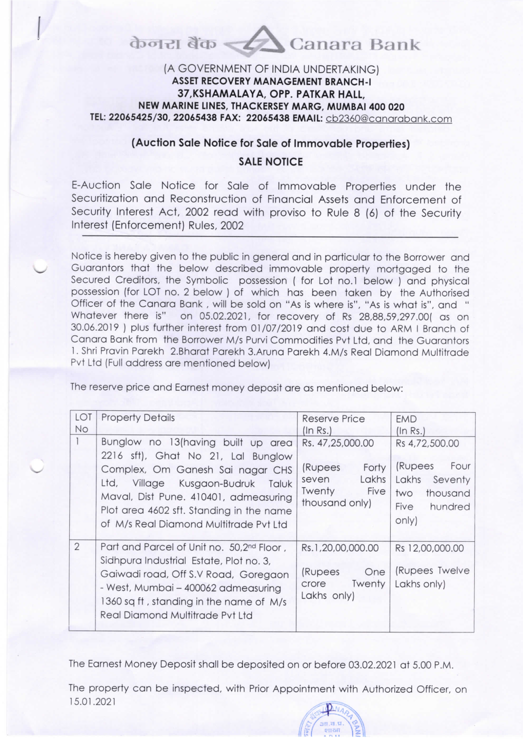 Auction Sale Notice for Sale of Immovable Properties