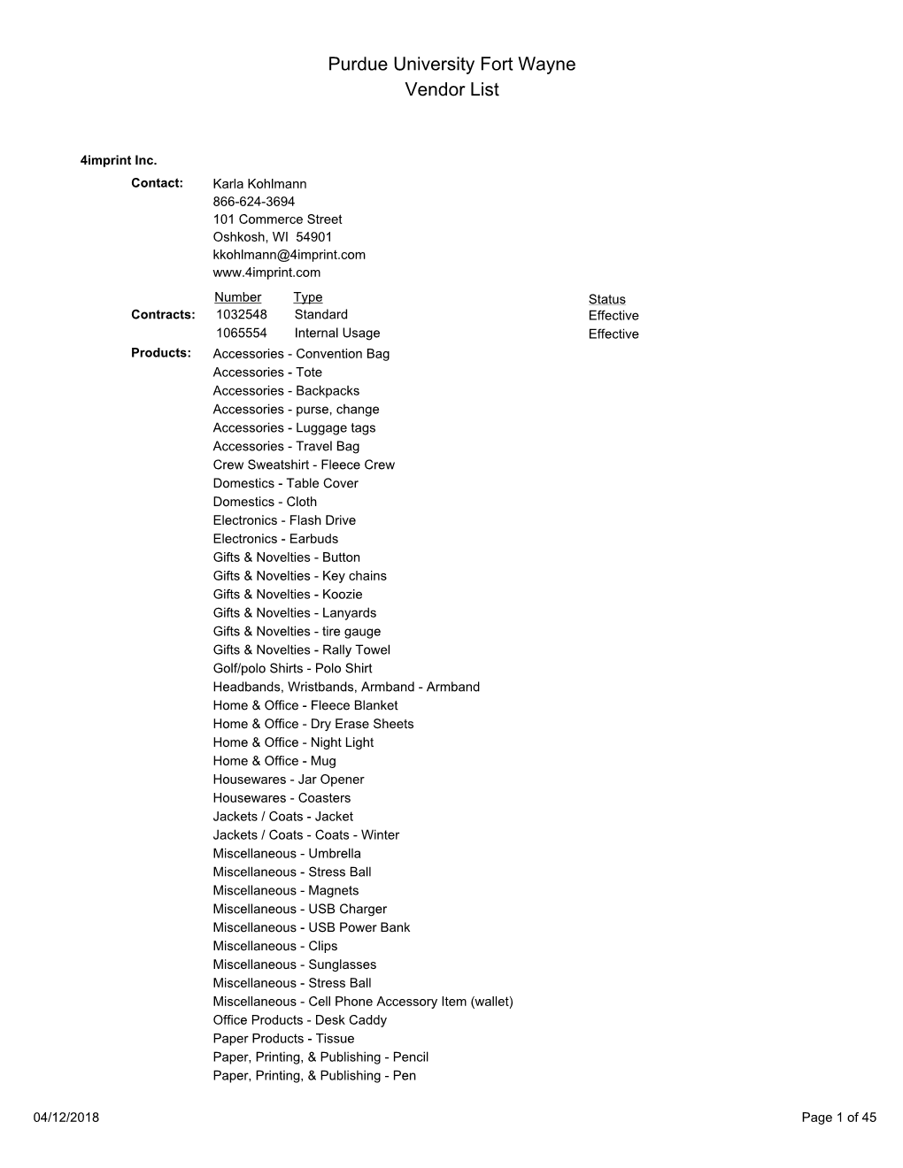 Purdue University Fort Wayne Vendor List