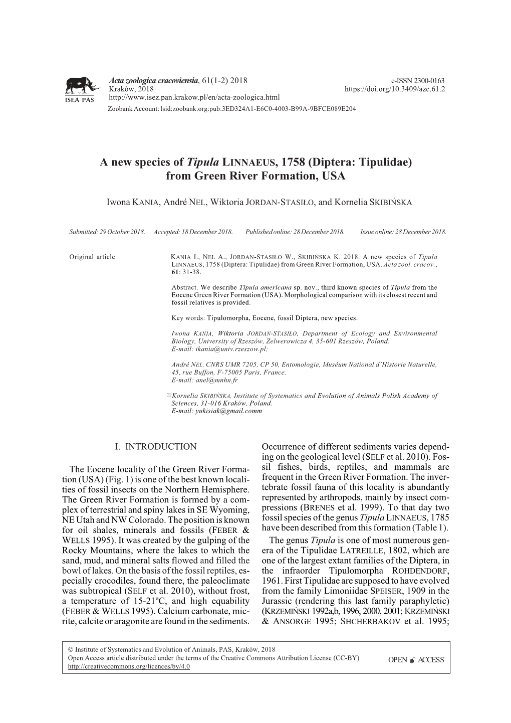 A New Species of Tipula LINNAEUS, 1758 (Diptera: Tipulidae) from Green River Formation, USA