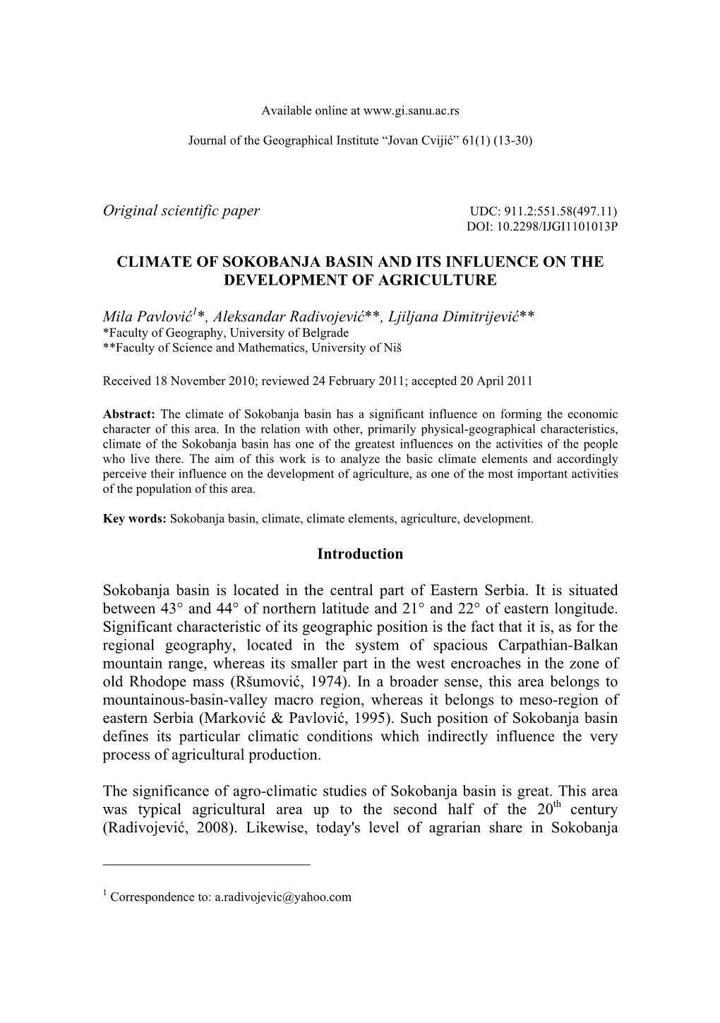 Climate of Sokobanja Basin and Its Influence on the Development of Agriculture