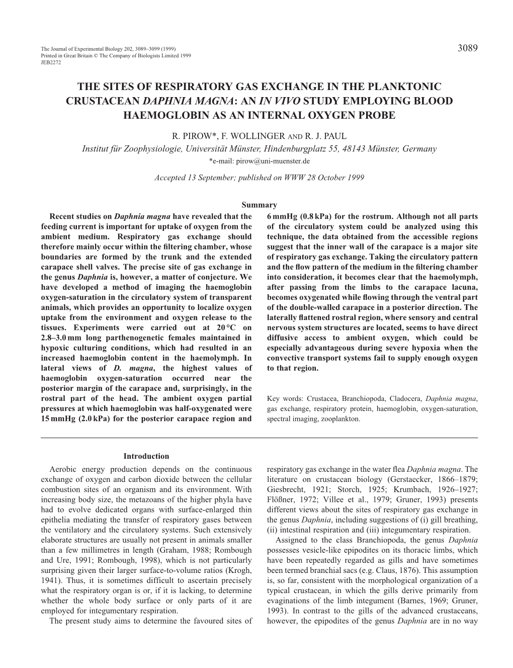 Respiratory Gas Exchange in Daphnia Magna 3091 a B