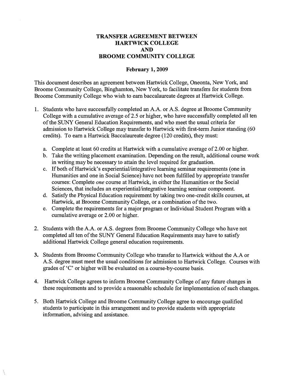 Transfer Agreement Between Hartwick College and Broome Community College