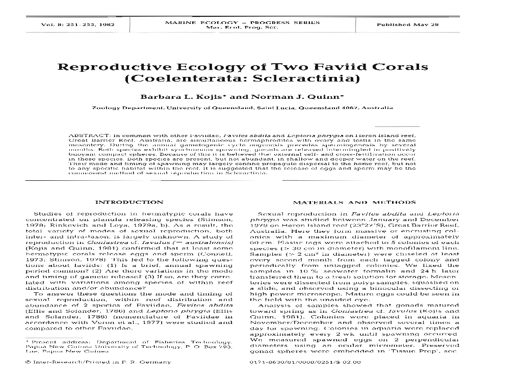 Reproductive Ecology of Two Faviid Corals (Coelenterata: Scleractinia)