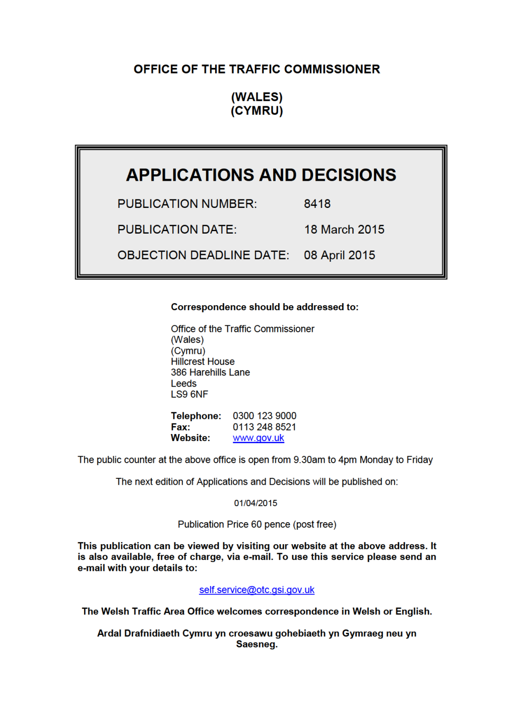 APPLICATIONS and DECISIONS 18 March 2015