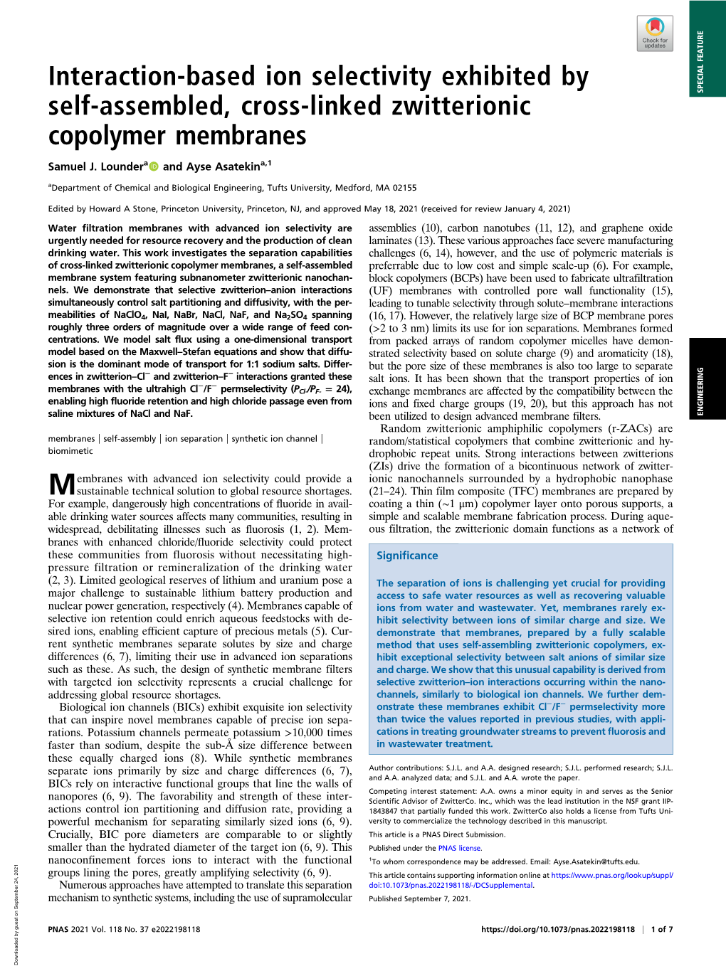 Interaction-Based Ion Selectivity Exhibited by Self-Assembled, Cross-Linked Zwitterionic SPECIAL FEATURE Copolymer Membranes