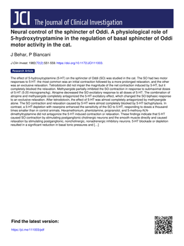 Neural Control of the Sphincter of Oddi. a Physiological Role of 5-Hydroxytryptamine in the Regulation of Basal Sphincter of Oddi Motor Activity in the Cat