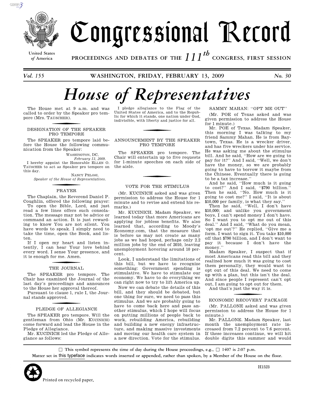 Congressional Record United States Th of America PROCEEDINGS and DEBATES of the 111 CONGRESS, FIRST SESSION