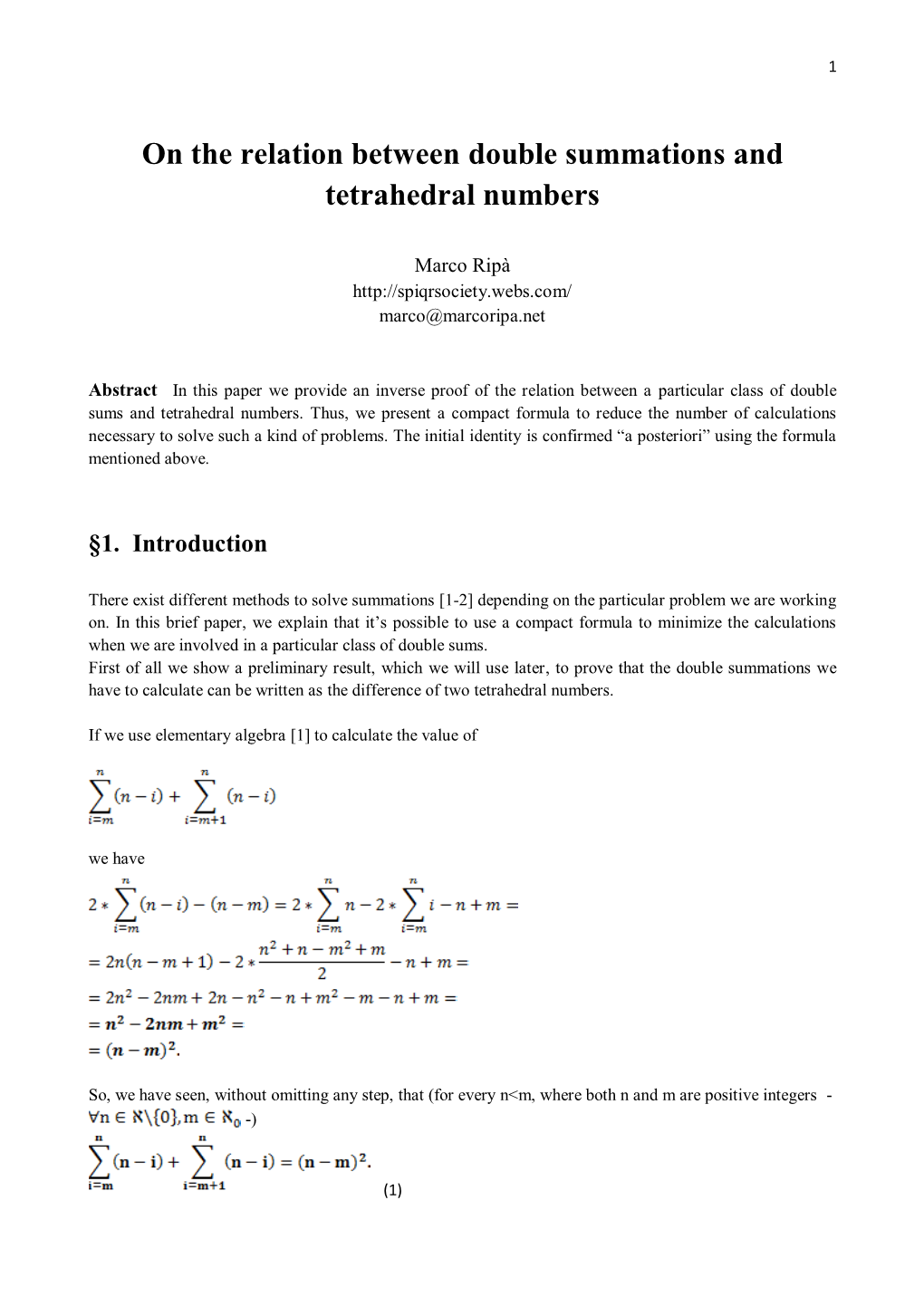 On the Relation Between Double Summations and Tetrahedral Numbers