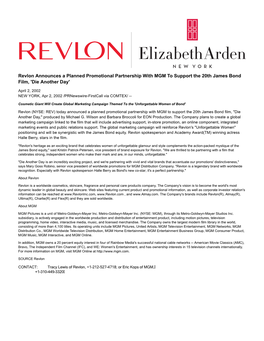 Revlon Announces a Planned Promotional Partnership with MGM to Support the 20Th James Bond Film, 'Die Another Day'