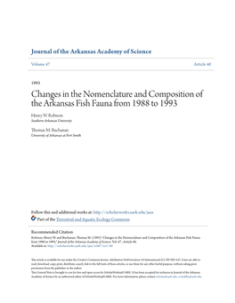 Changes in the Nomenclature and Composition of the Arkansas Fish Fauna from 1988 to 1993 Henry W