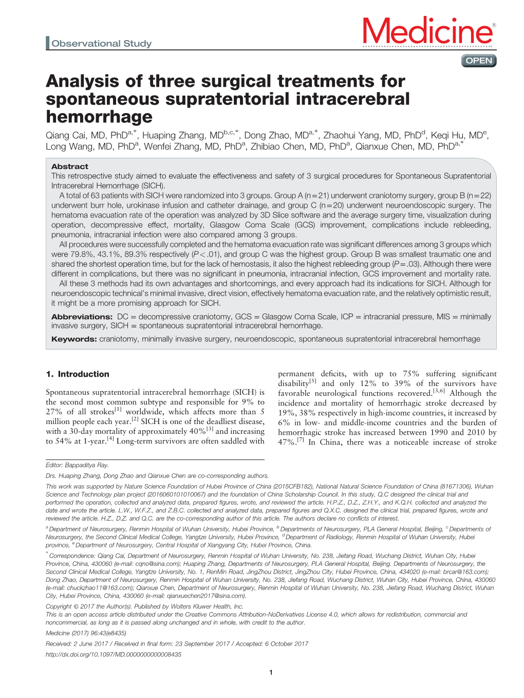 Analysis of Three Surgical Treatments for Spontaneous Supratentorial