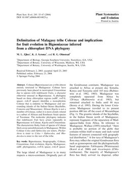 Delimitation of Malagasy Tribe Coleeae and Implications for Fruit Evolution in Bignoniaceae Inferred from a Chloroplast DNA Phylogeny