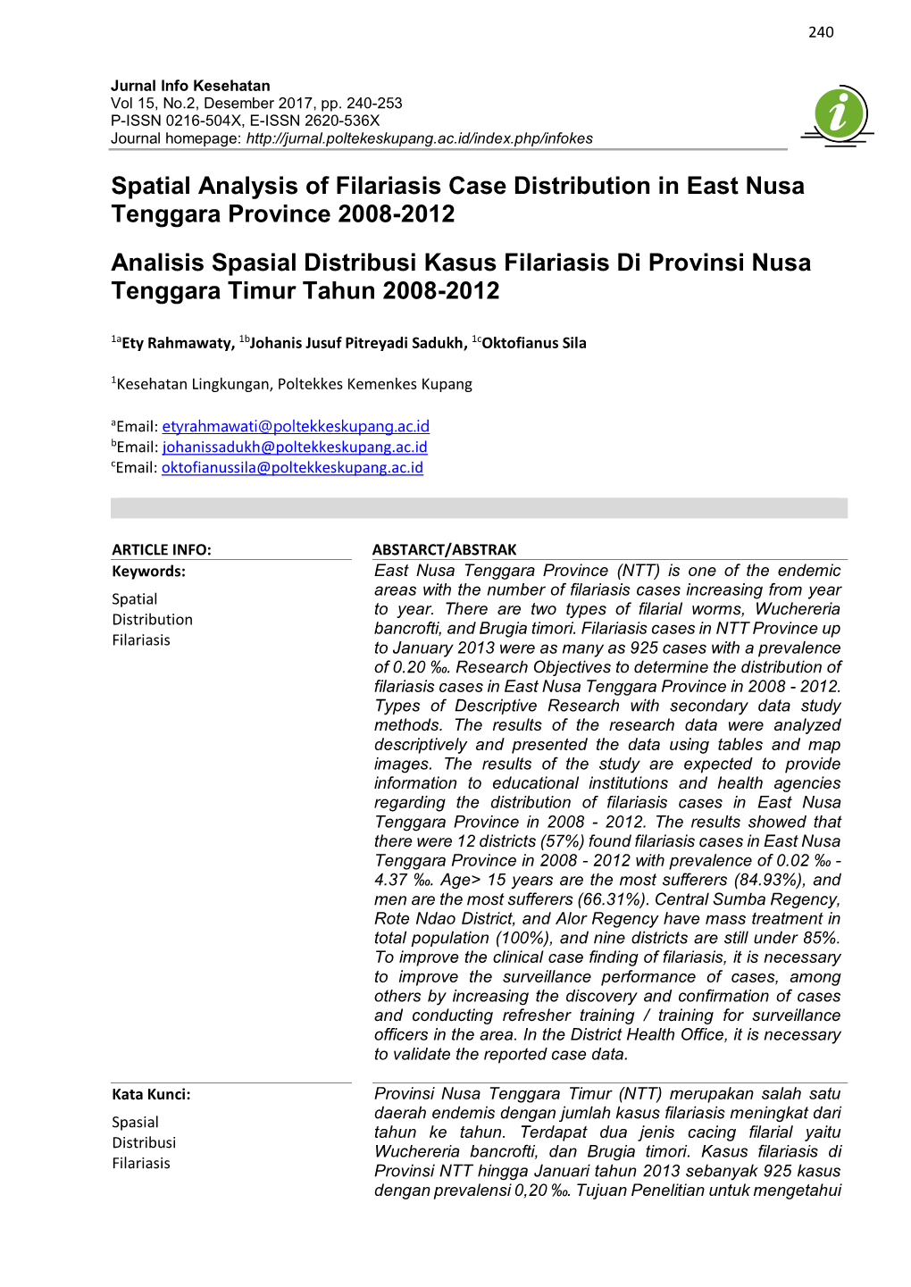 Spatial Analysis of Filariasis Case Distribution in East Nusa Tenggara Province 2008-2012