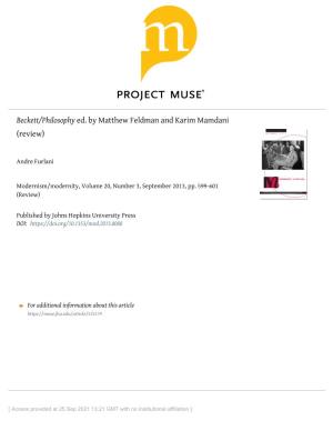 Beckett/Philosophy Ed. by Matthew Feldman and Karim Mamdani (Review)