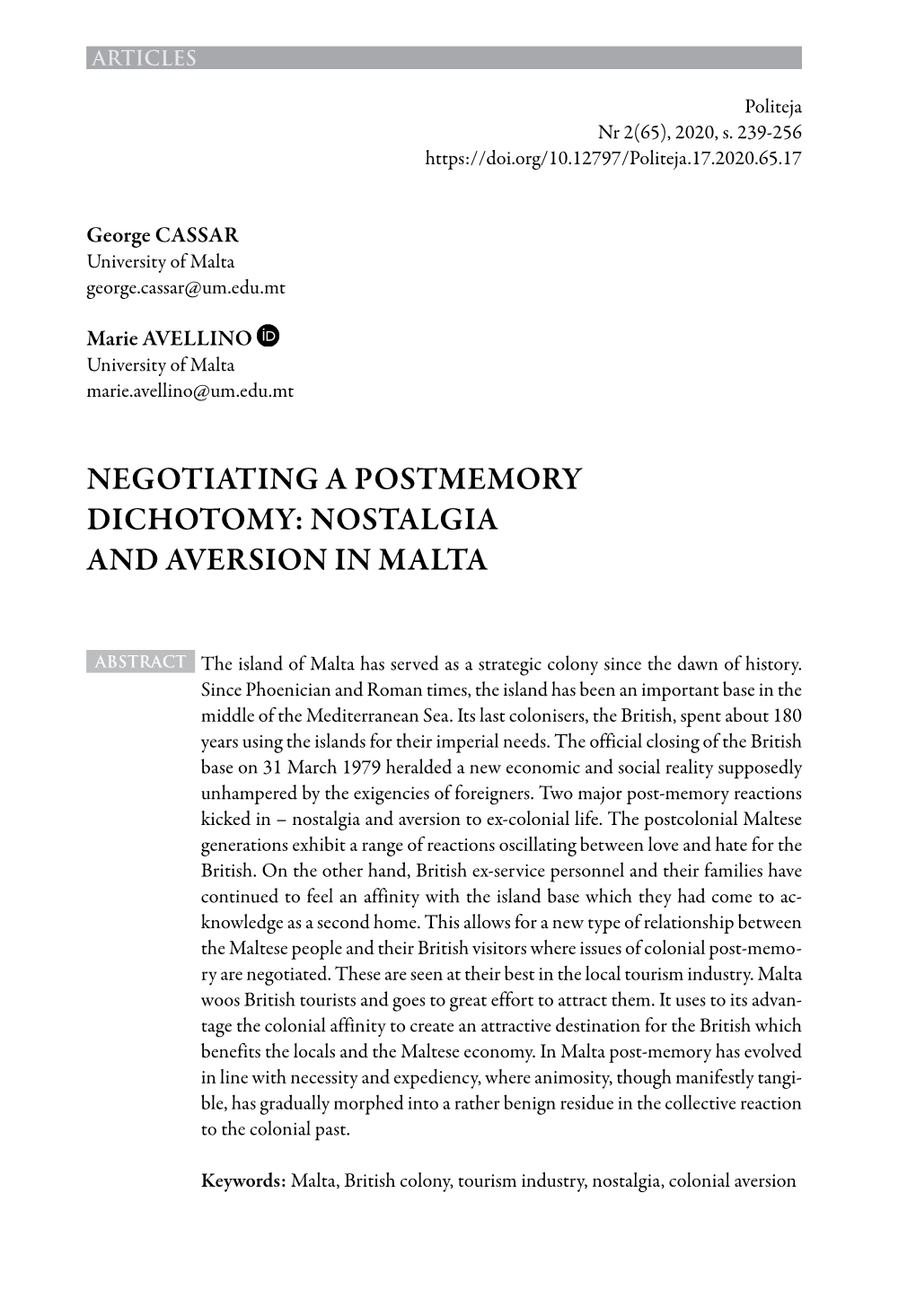 Negotiating a Postmemory Dichotomy: Nostalgia and Aversion in Malta