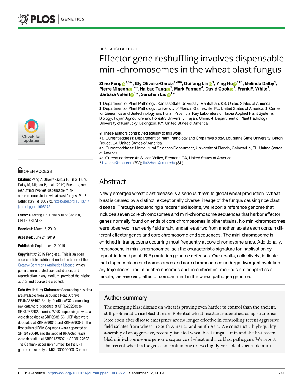 Effector Gene Reshuffling Involves Dispensable Mini-Chromosomes in the Wheat Blast Fungus