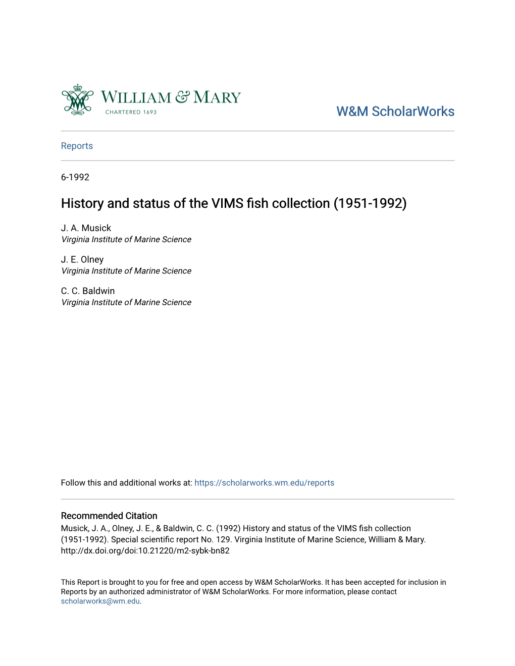 History and Status of the VIMS Fish Collection (1951-1992)