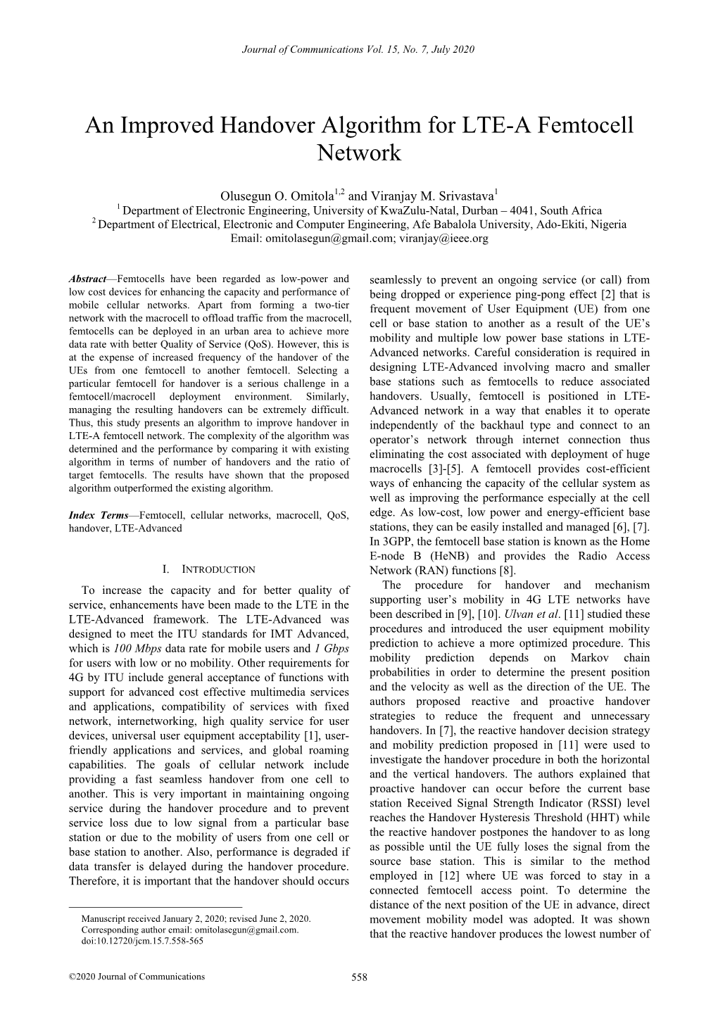 An Improved Handover Algorithm for LTE-A Femtocell Network