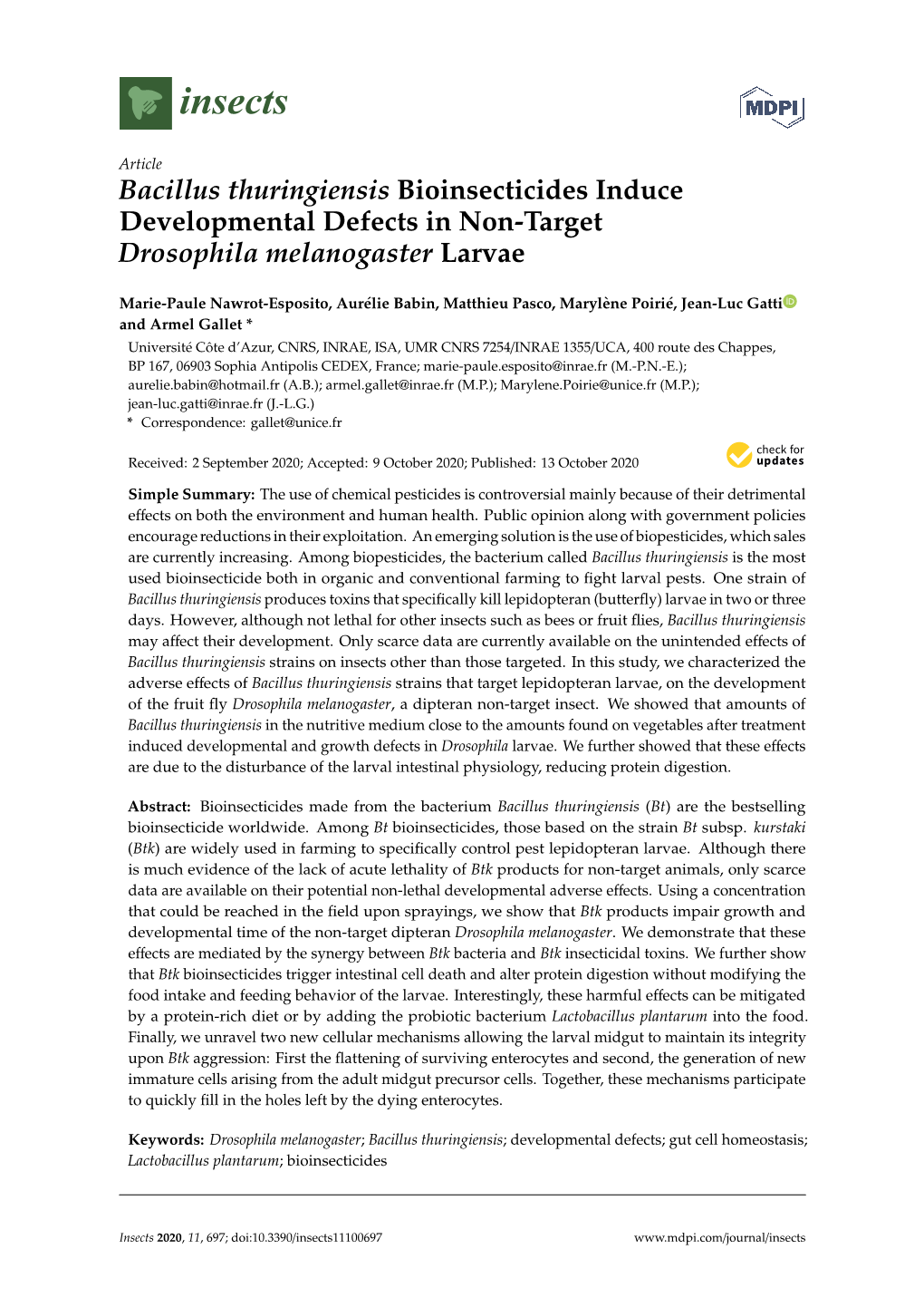 Bacillus Thuringiensis Bioinsecticides Induce Developmental Defects in Non-Target Drosophila Melanogaster Larvae