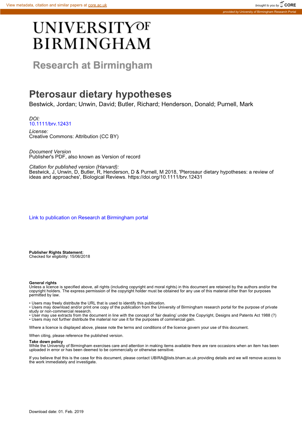 Pterosaur Dietary Hypotheses Bestwick, Jordan; Unwin, David; Butler, Richard; Henderson, Donald; Purnell, Mark