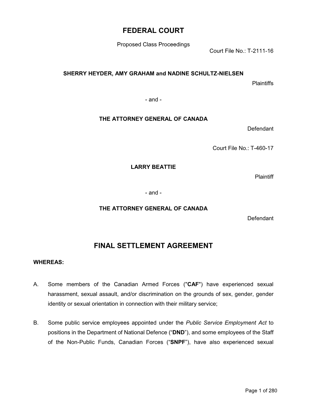 Federal Court Final Settlement Agreement