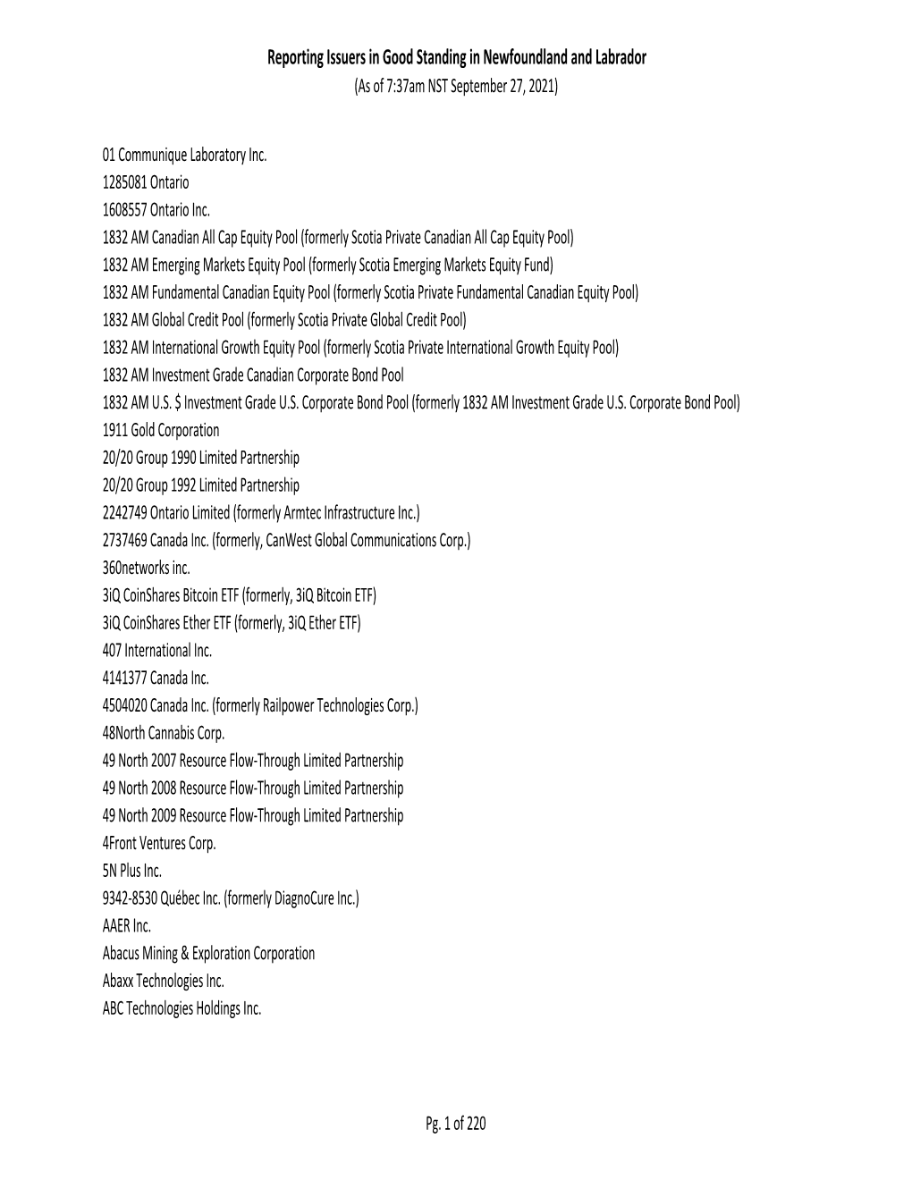 Reporting Issuers in Good Standing in Newfoundland and Labrador (As of 7:37Am NST September 27, 2021)