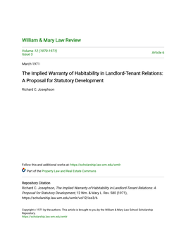The Implied Warranty of Habitability in Landlord-Tenant Relations: a Proposal for Statutory Development