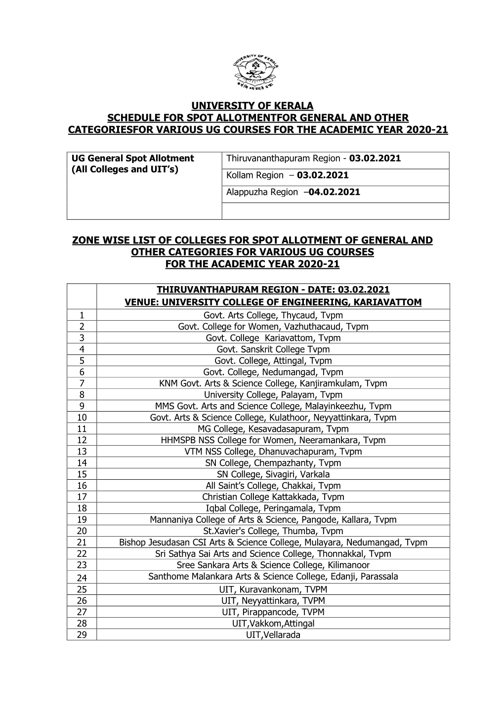 University of Kerala Schedule for Spot Allotmentfor General and Other Categoriesfor Various Ug Courses for the Academic Year 2020-21