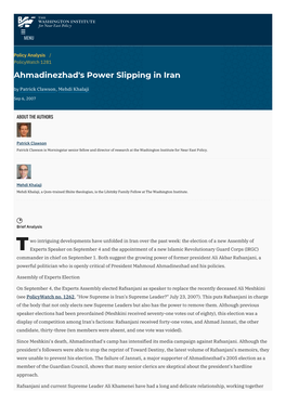 Ahmadinezhad's Power Slipping in Iran | the Washington Institute