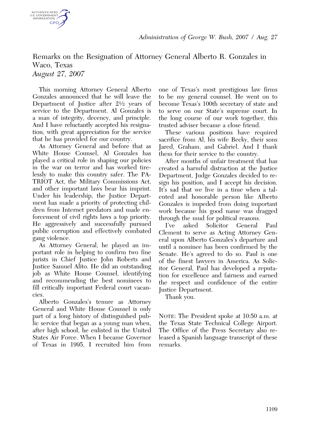 Remarks on the Resignation of Attorney General Alberto R. Gonzales in Waco, Texas August 27, 2007