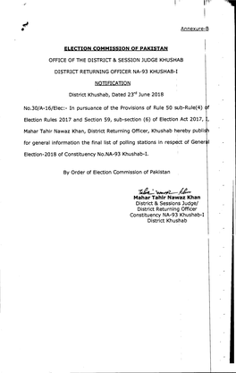 Annexure B ELECTION COMMISSION of PAKISTAN OFFICE of THE