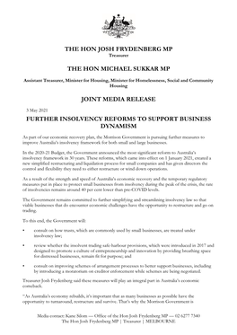 The Hon Josh Frydenberg Mp the Hon Michael Sukkar Mp