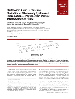 Plantazolicin a and B: Structure Elucidation of Ribosomally Synthesized Thiazole/Oxazole Peptides from Bacillus Amyloliquefacien