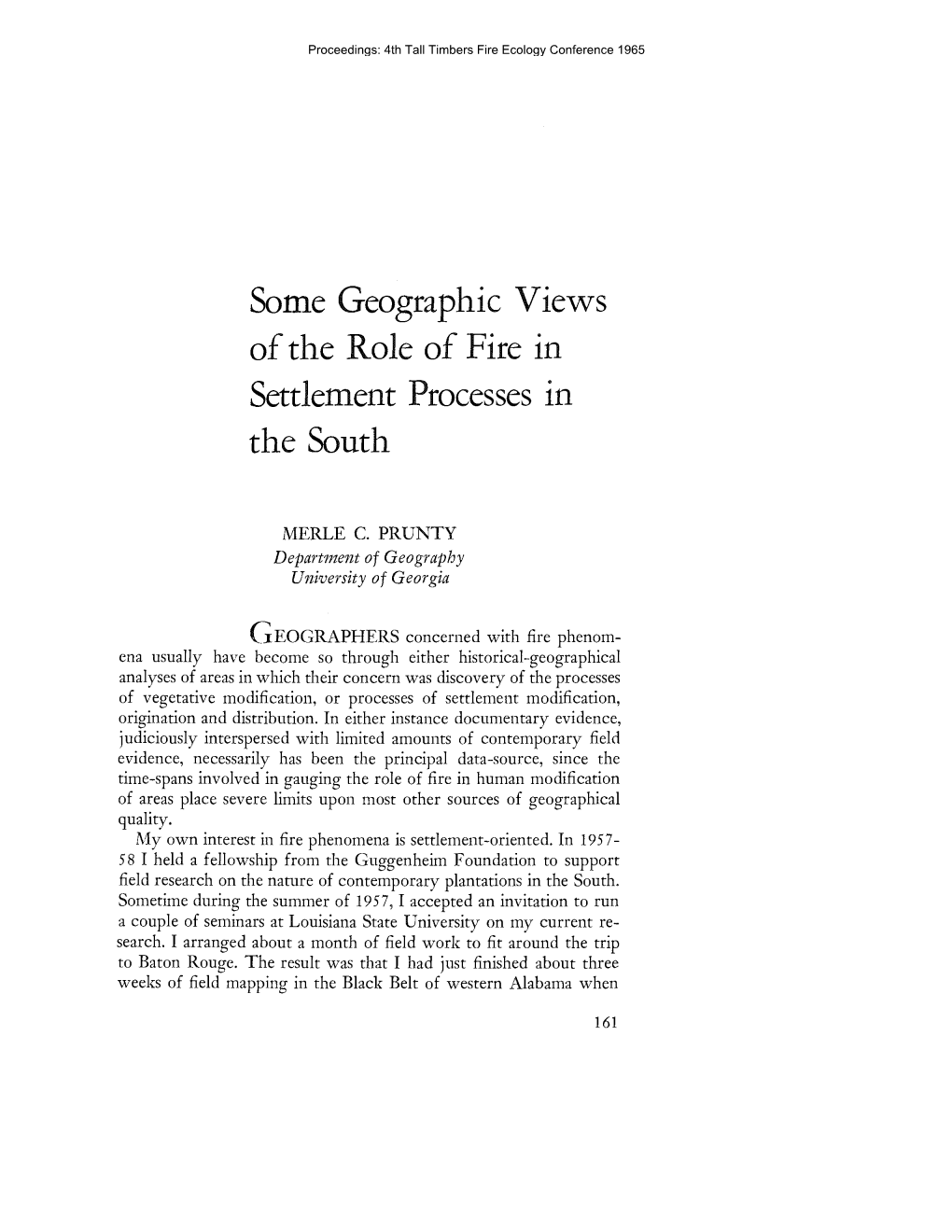 Some Geographic Views of the Role of Fire in Settlement Processes in the South