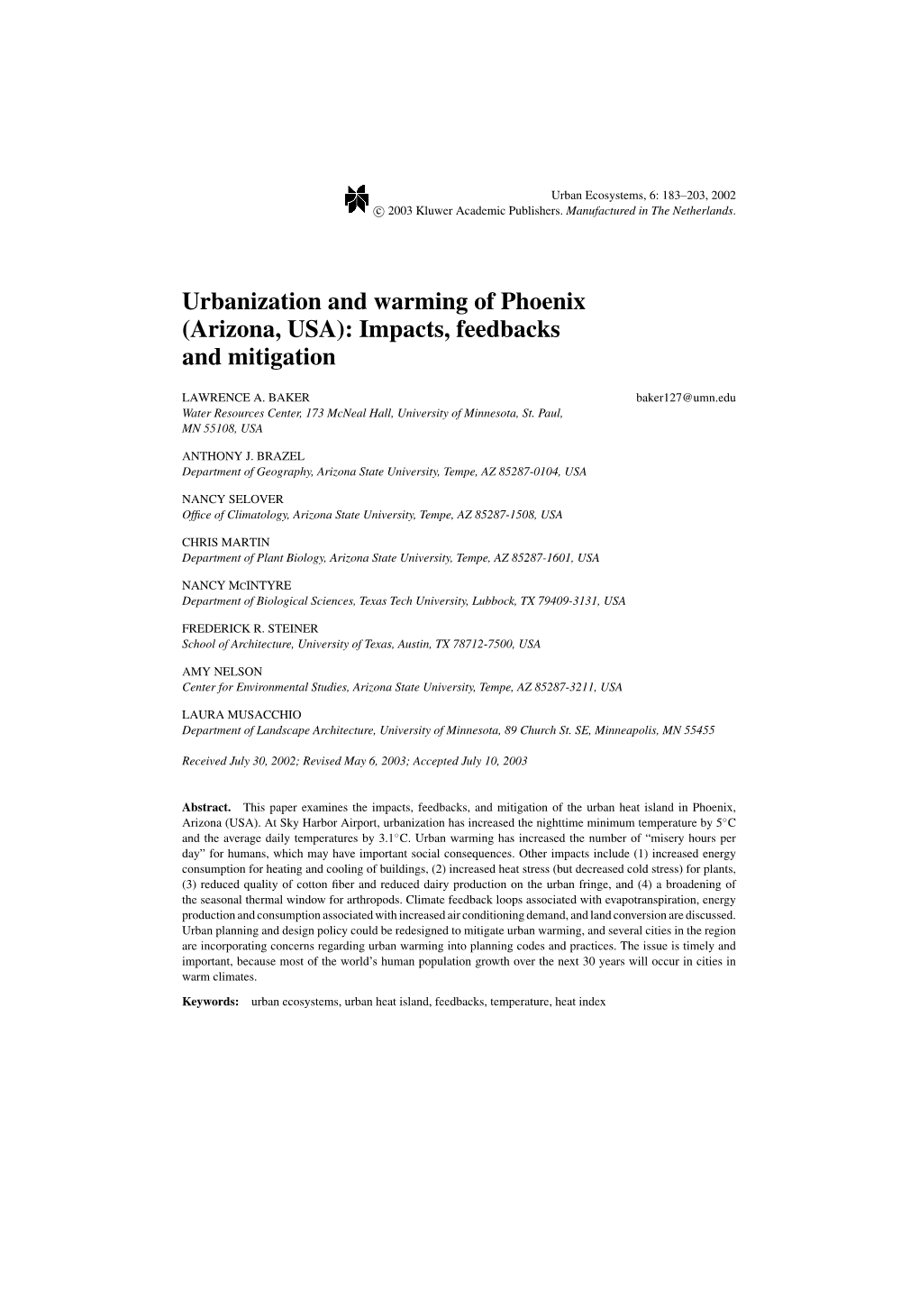 Urbanization and Warming of Phoenix (Arizona, USA): Impacts, Feedbacks and Mitigation