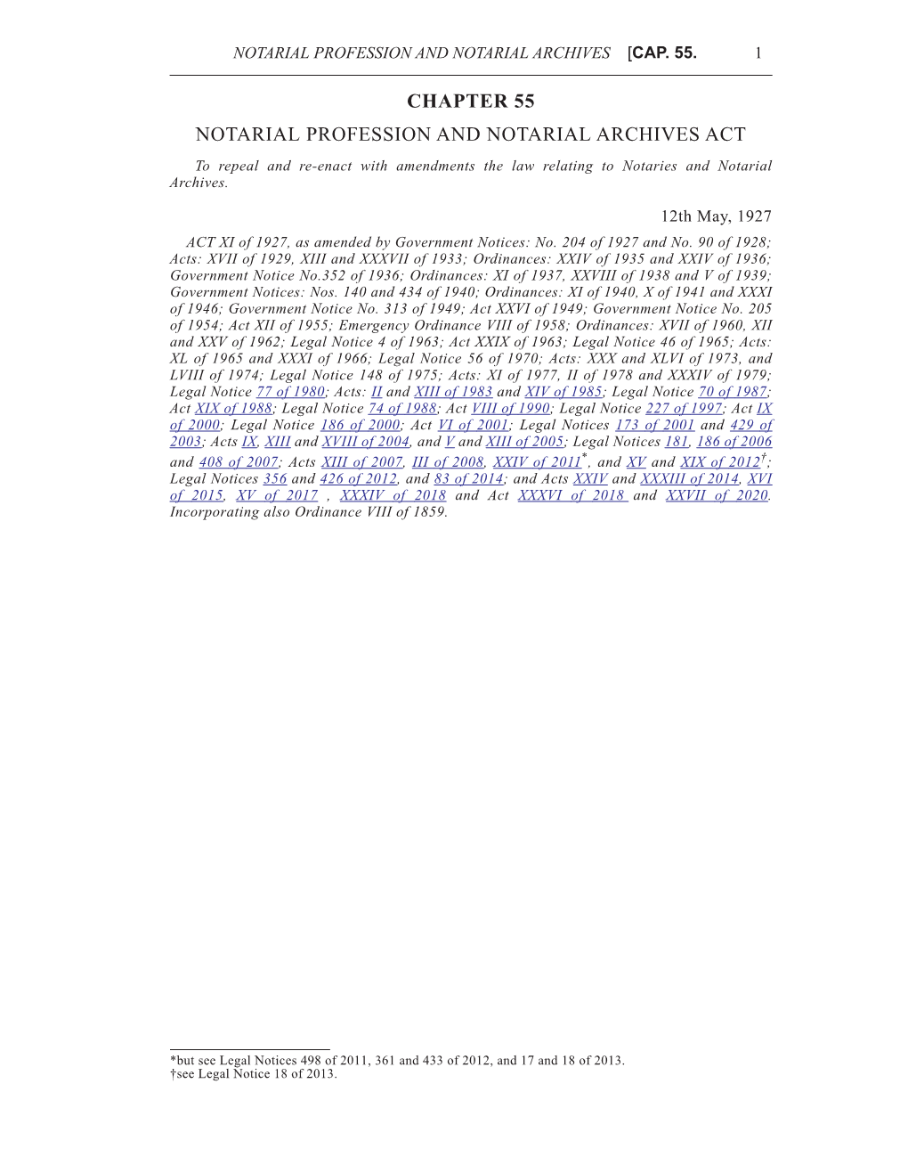 CHAPTER 55 NOTARIAL PROFESSION and NOTARIAL ARCHIVES ACT to Repeal and Re-Enact with Amendments the Law Relating to Notaries and Notarial Archives