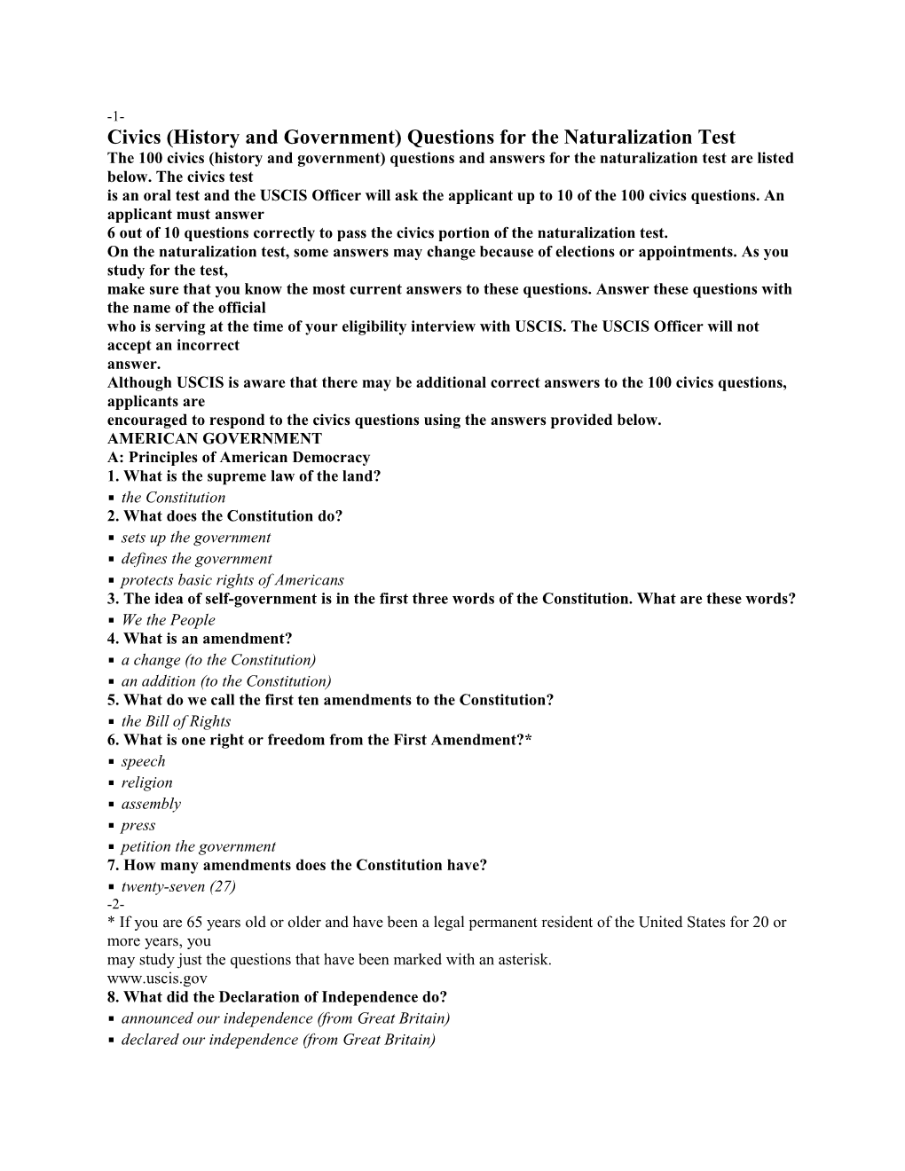 Civics (History and Government) Questions for the Naturalization Test s1