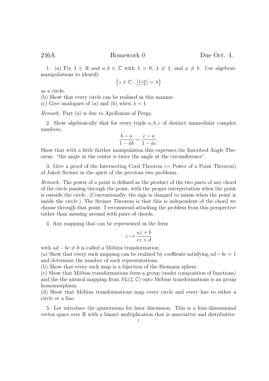 246A Homework 0 Due Oct. 4