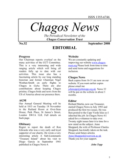 Chagos News the Periodical Newsletter of the Chagos Conservation Trust No.32 September 2008 EDITORIAL