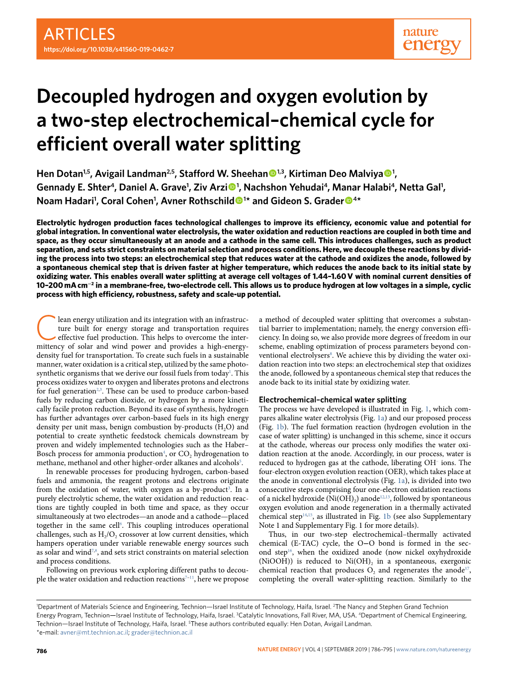 Decoupled Hydrogen and Oxygen Evolution by a Two-Step Electrochemical–Chemical Cycle for Efficient Overall Water Splitting