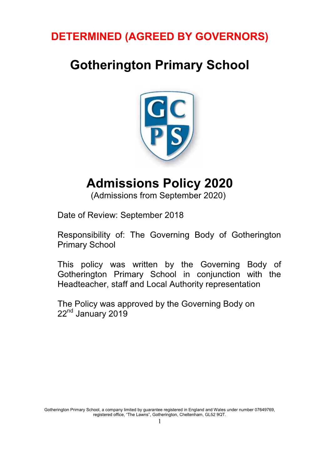 Gotherington Primary School Admissions Policy 2020