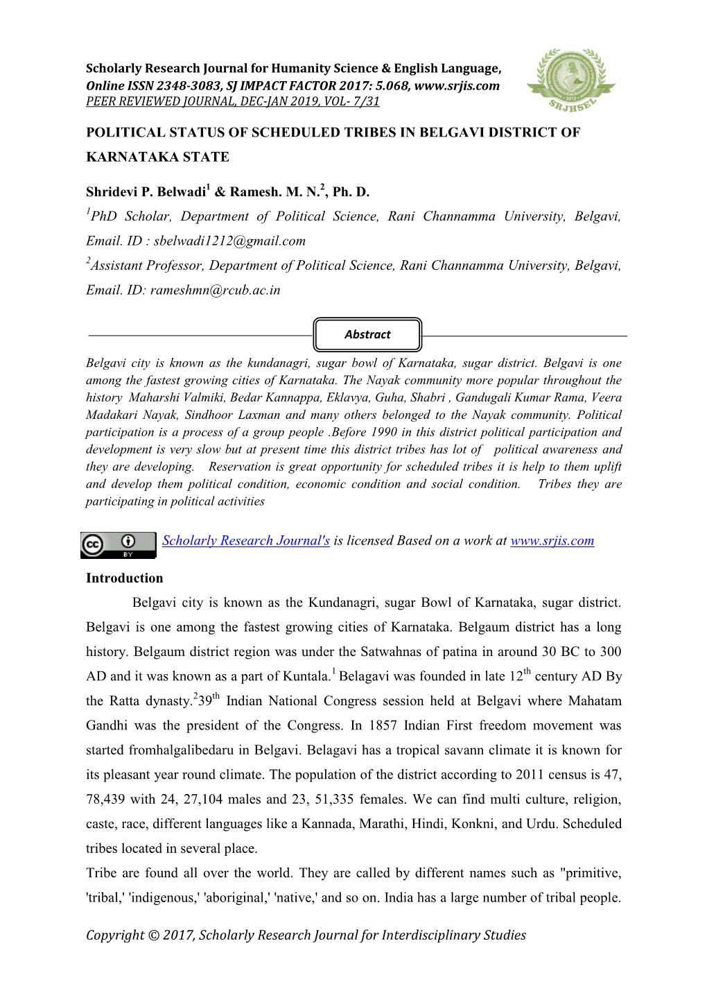 Political Status of Scheduled Tribes in Belgavi District of Karnataka State