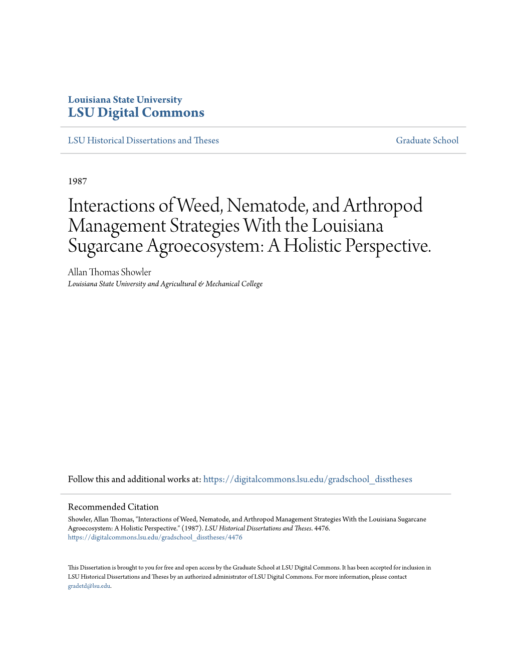 Interactions of Weed, Nematode, and Arthropod Management Strategies with the Louisiana Sugarcane Agroecosystem: a Holistic Perspective