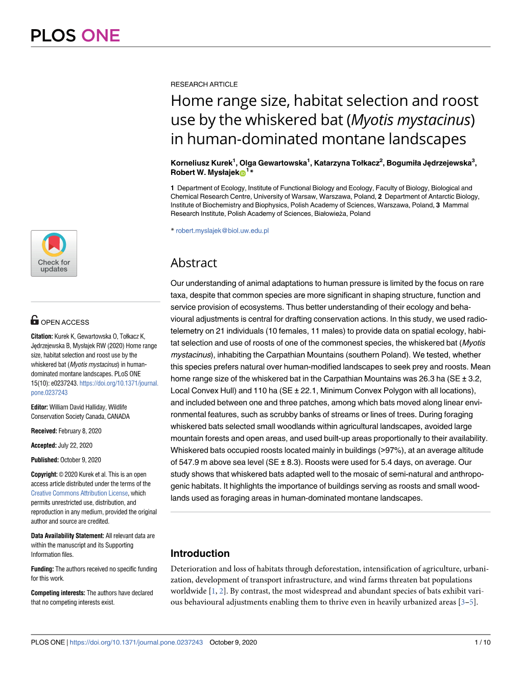 Myotis Mystacinus) in Human-Dominated Montane Landscapes