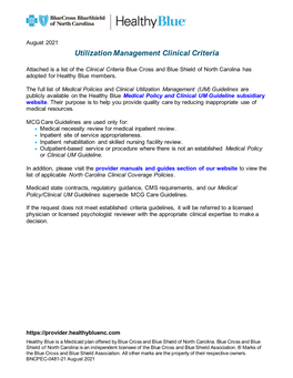 Utilization Management Clinical Criteria List