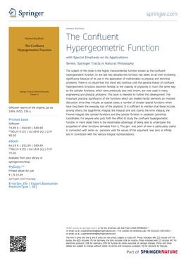 The Confluent Hypergeometric Function with Special Emphasis on Its Applications Series: Springer Tracts in Natural Philosophy