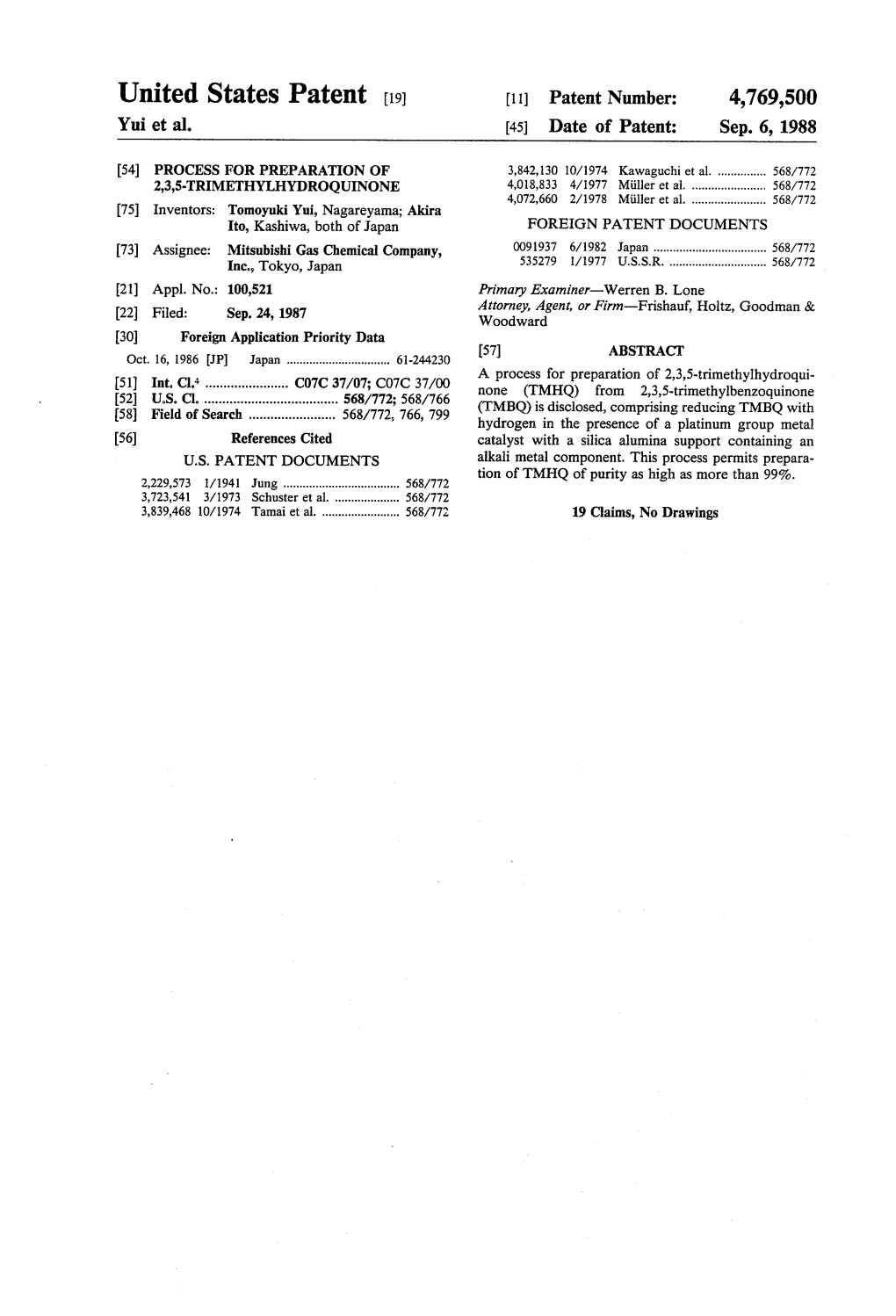 United States Patent (19) (11) Patent Number: 4,769,500 Yui Et Al