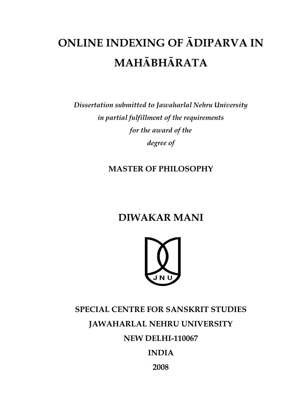 Online Indexing of Ādiparva in Mahābhārata
