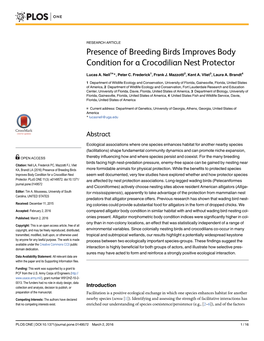 Presence of Breeding Birds Improves Body Condition for a Crocodilian Nest Protector